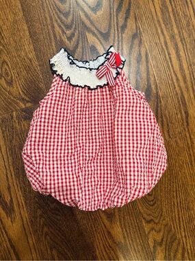 Rare Editions Red Gingham Bubble Romper with Bow Accent